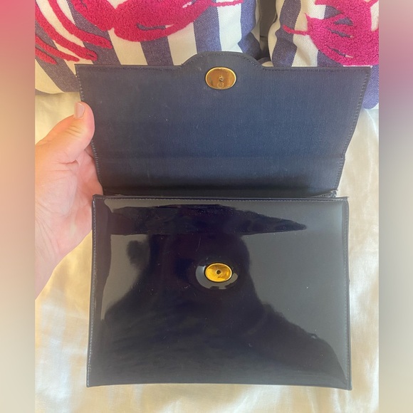 Vintage 1950s Crown Lewis Navy Patent Leather Bag with Gold Detail - Picture 4 of 12